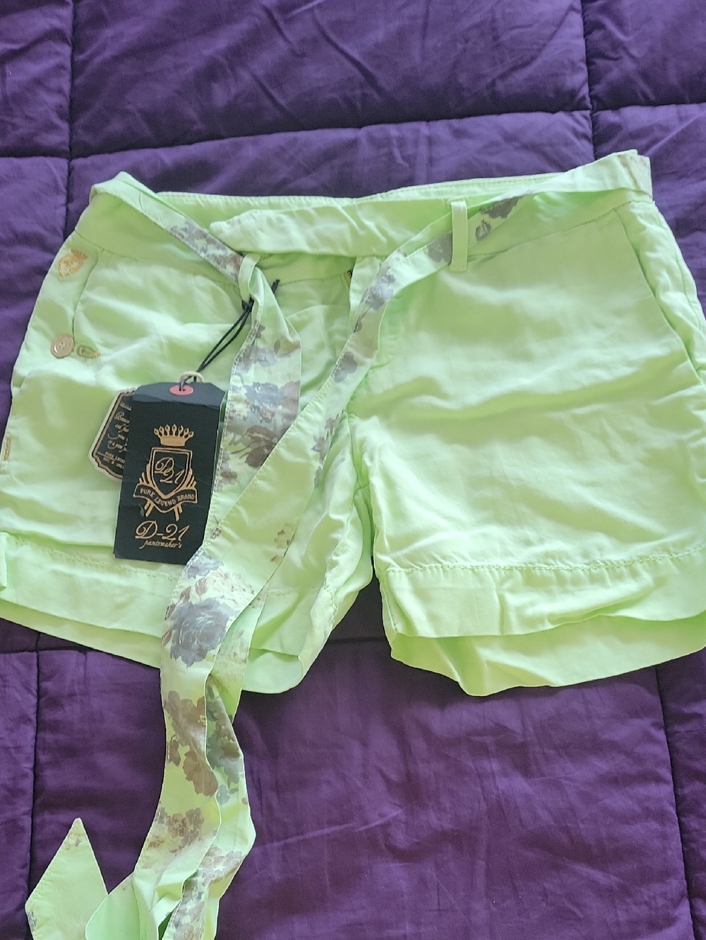 Lime Green Women's Casual Shorts with Floral Tie NEW
